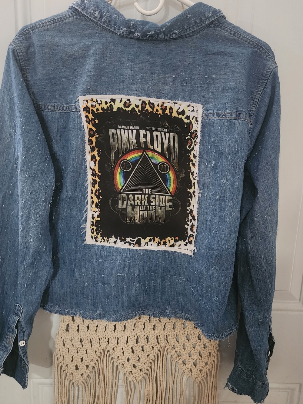 Pink Floyd 'The Dark Side of the Moon' Denim Upcycle Top Lg Distressed Shirt